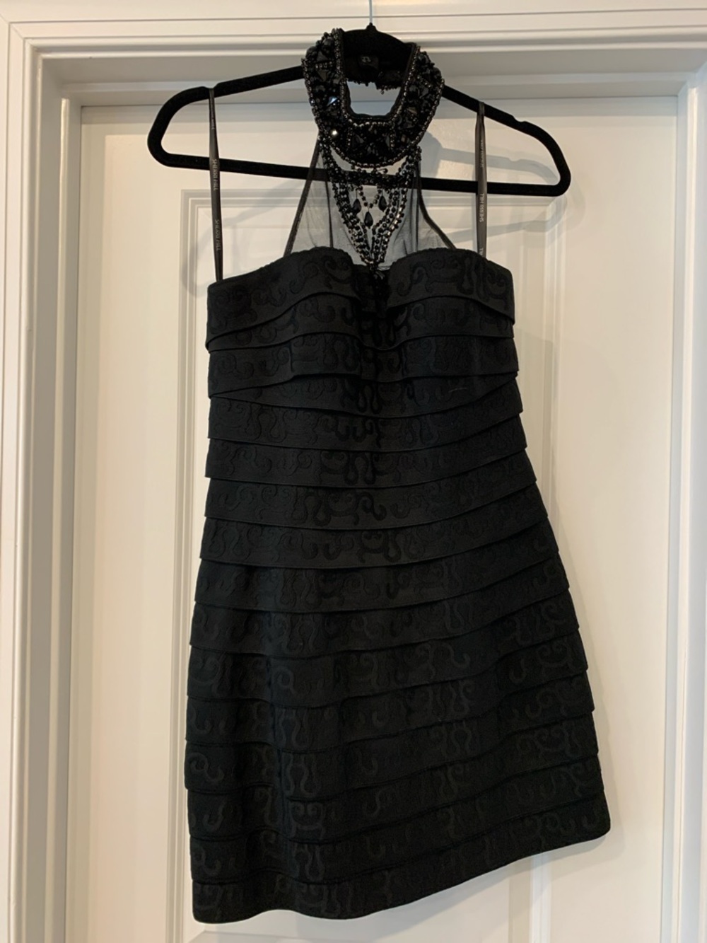 Sherri Hill Black Beaded Halter Tiered Mini Dress vintage Bodycon